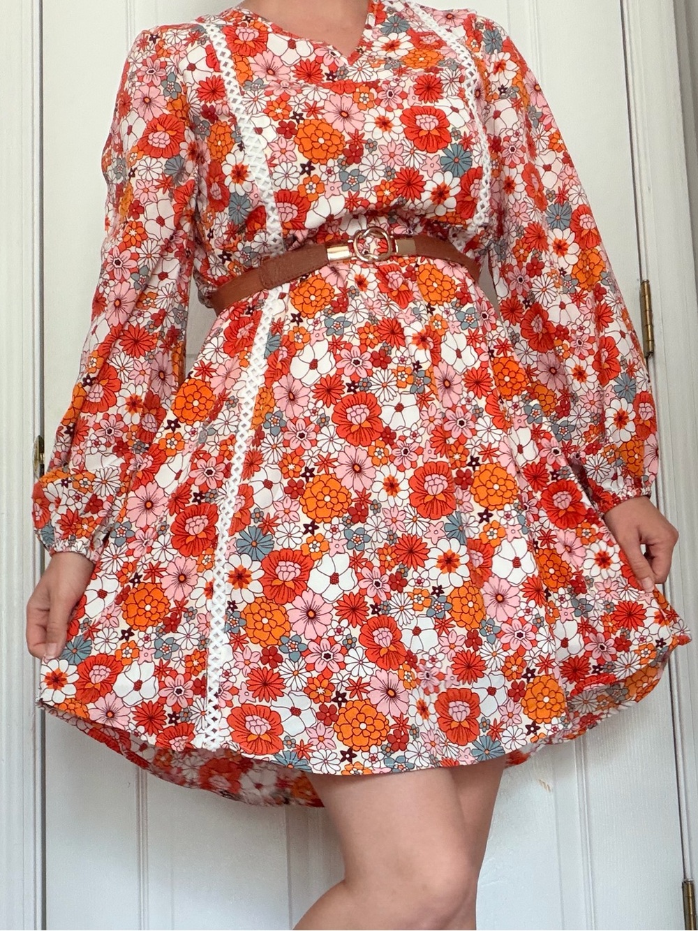 DOKOTOO Long Sleeve Flower Orange Pink Dress Size Medium Boho Hippie 70s